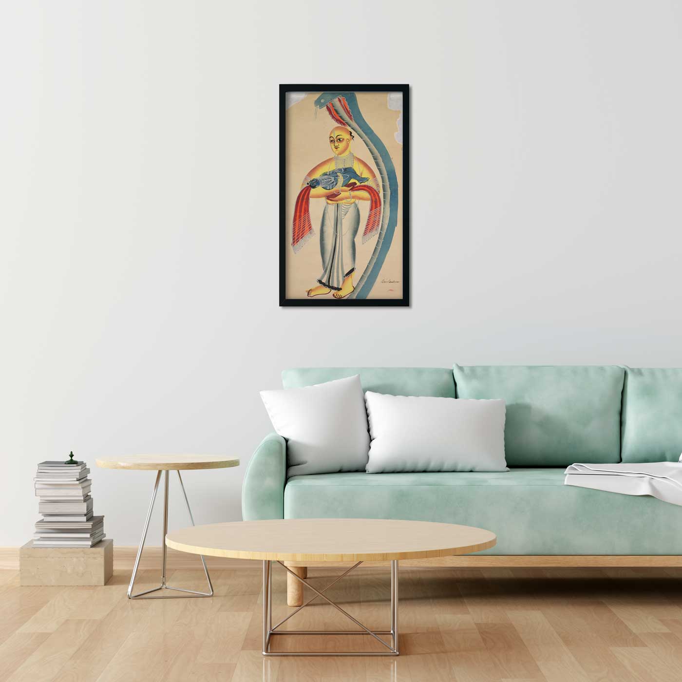 Vasudeva (Krishna's Father) Fleeing with the Infant Krishna Encounters a Cobra 1 : 2 Vertical Premium Wall Art Canvas by MeriDeewar