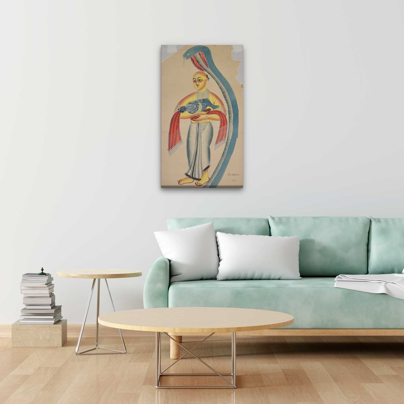 Vasudeva (Krishna's Father) Fleeing with the Infant Krishna Encounters a Cobra 1 : 2 Vertical Premium Wall Art Canvas by MeriDeewar