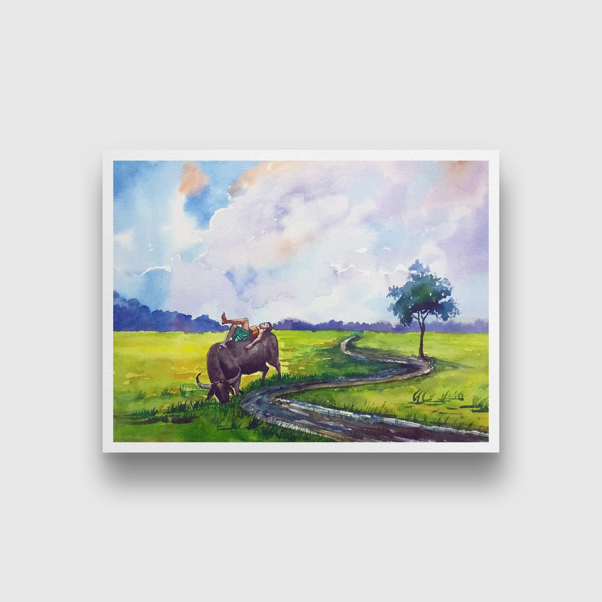 Village Boy Watercolour Landscape Painting - Meri Deewar 4 : 3 Horizontal Premium Wall Art Canvas by MeriDeewar