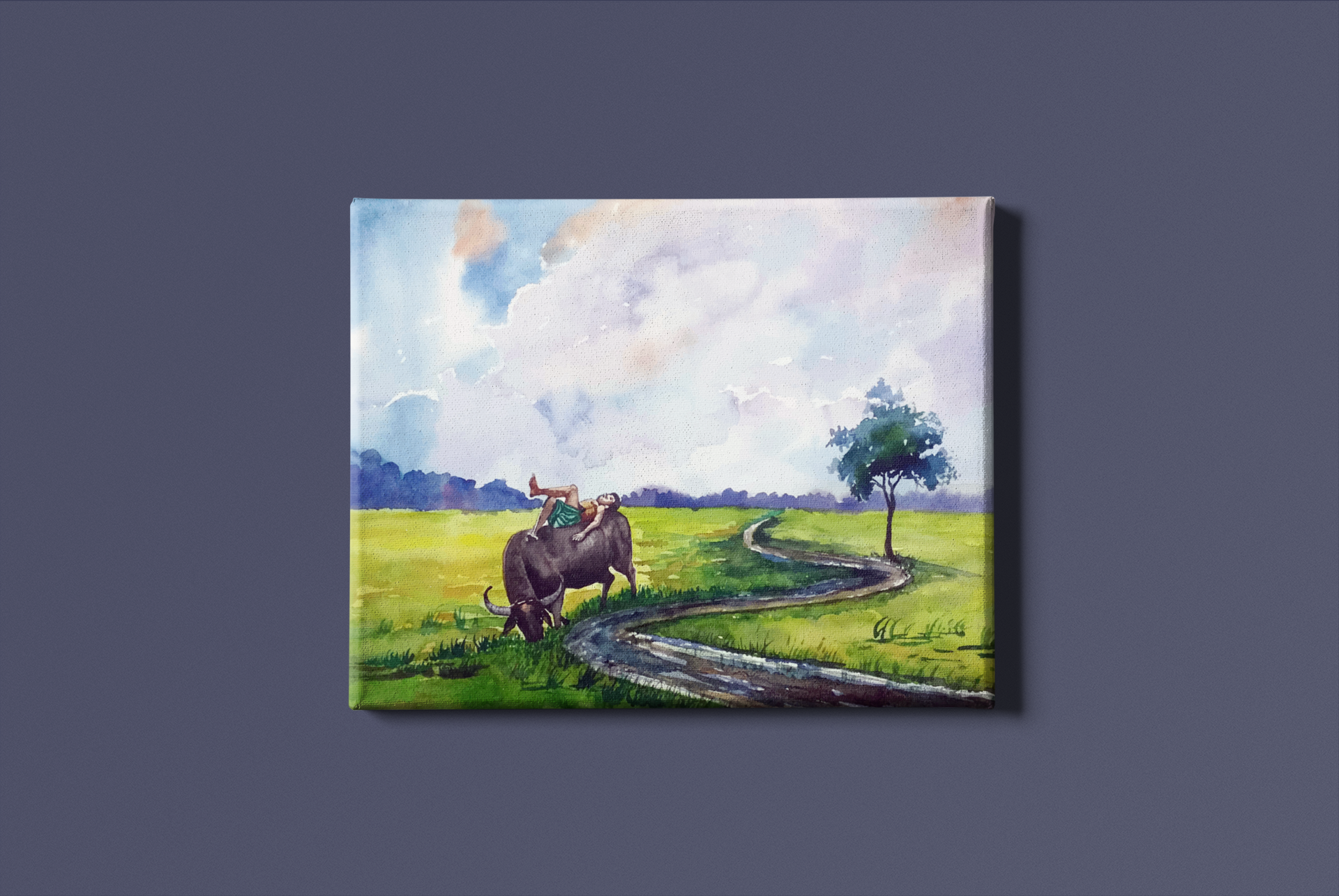 Village Boy Watercolour Landscape Painting - Meri Deewar 4 : 3 Horizontal Premium Wall Art Canvas by MeriDeewar