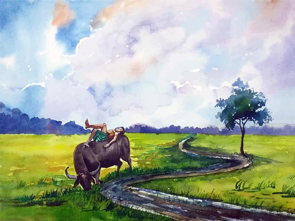 Village Boy Watercolour Landscape Painting - Meri Deewar 4 : 3 Horizontal Premium Wall Art Canvas by MeriDeewar