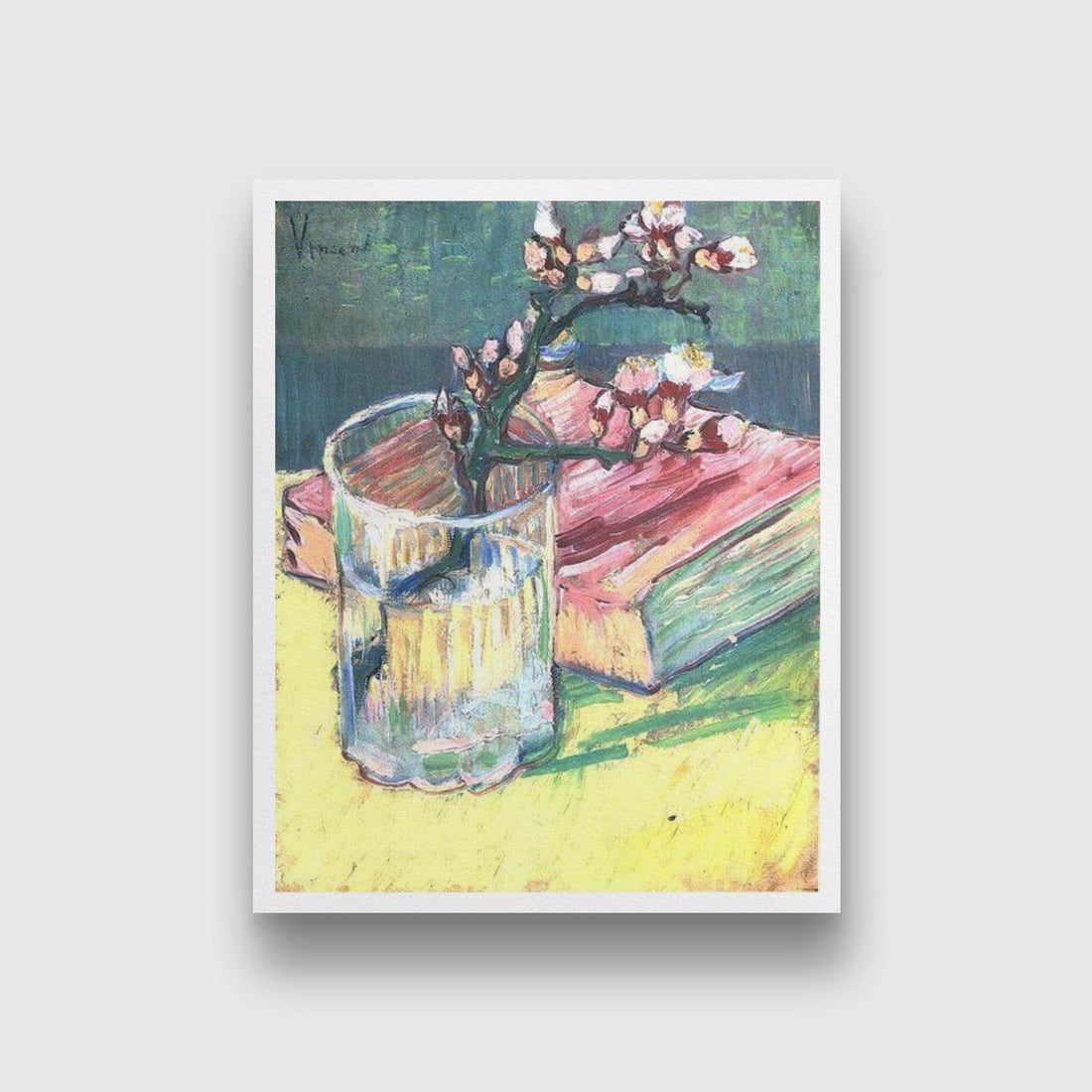 Vincent van Gogh-blossoming almond branch in a glass with a book Painting - Meri Deewar 4 :5 Vertical Premium Wall Art Canvas by MeriDeewar