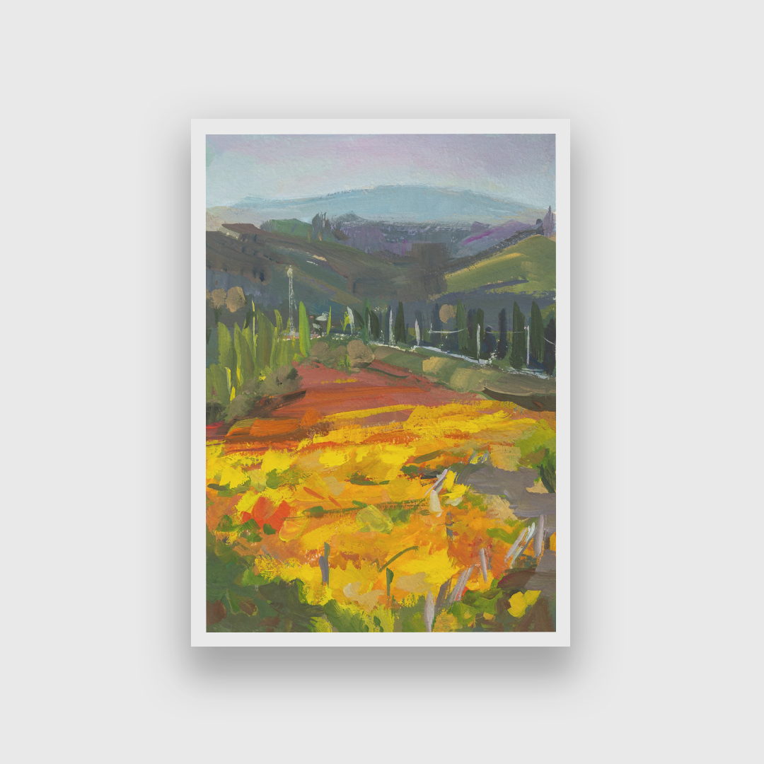 Vineyards Landscape Gouache Painting 2 : 3 Vertical Premium Wall Art Canvas by MeriDeewar