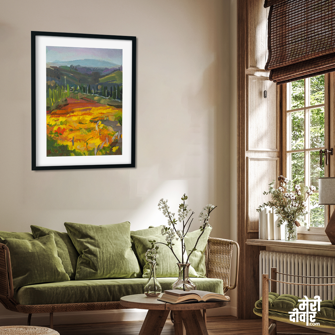 Vineyards Landscape Gouache Painting 2 : 3 Vertical Premium Wall Art Canvas by MeriDeewar
