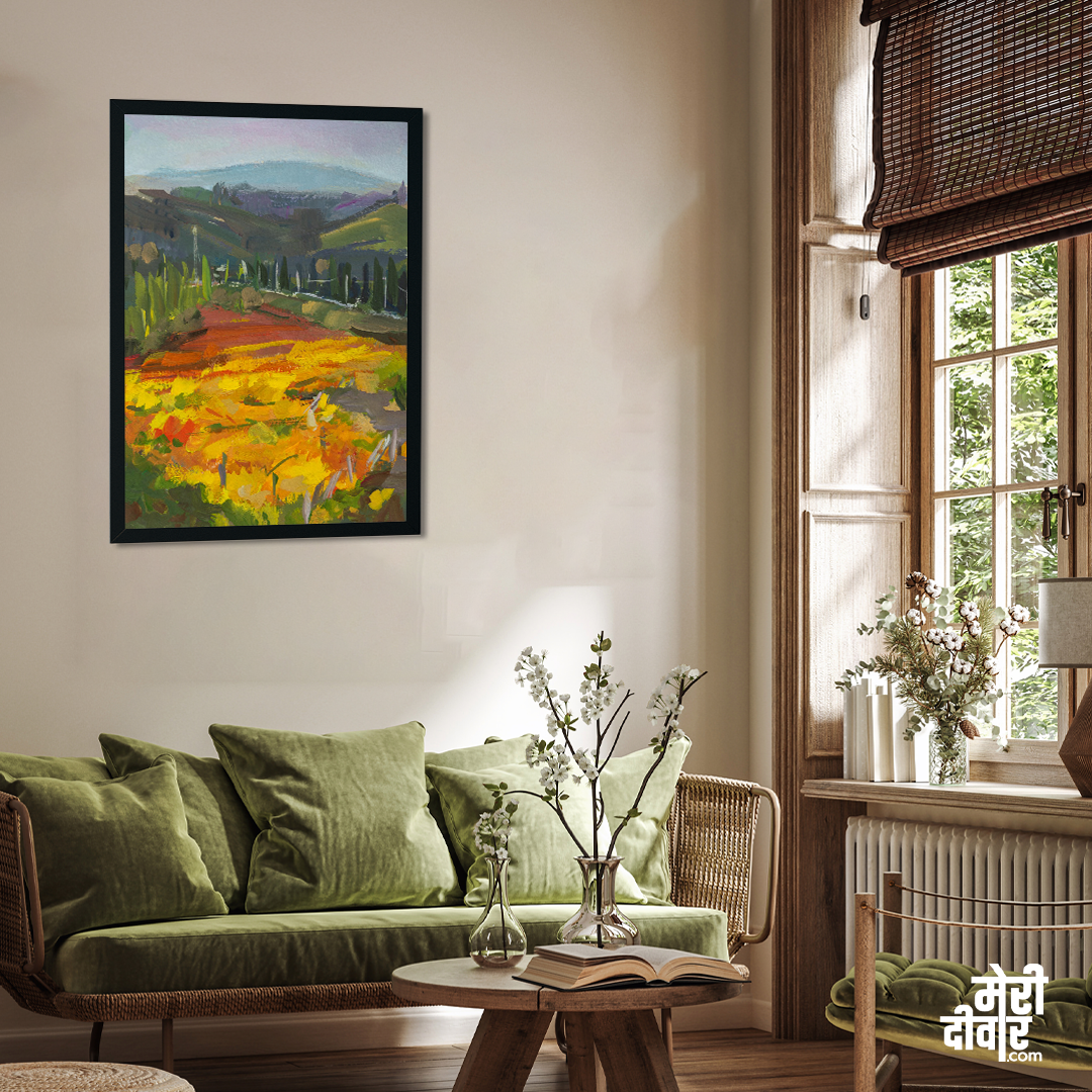Vineyards Landscape Gouache Painting 2 : 3 Vertical Premium Wall Art Canvas by MeriDeewar