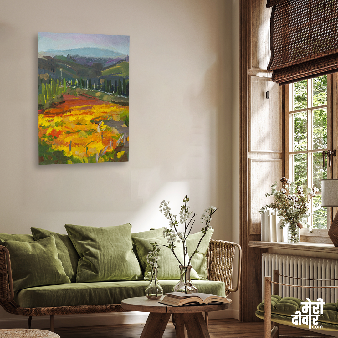 Vineyards Landscape Gouache Painting 2 : 3 Vertical Premium Wall Art Canvas by MeriDeewar