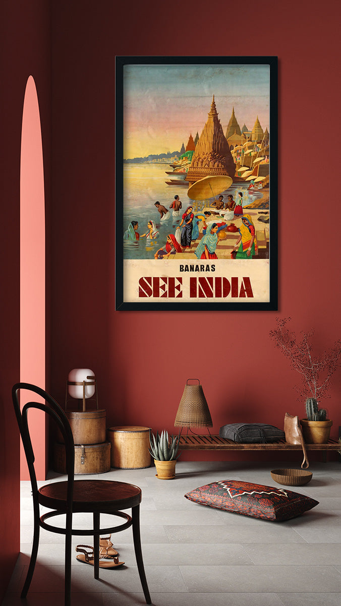 Vintage Banaras Poster 2 : 3 Vertical Premium Wall Art Canvas by MeriDeewar