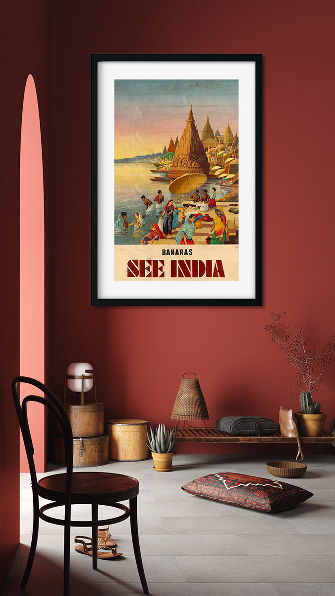 Vintage Banaras Poster 2 : 3 Vertical Premium Wall Art Canvas by MeriDeewar