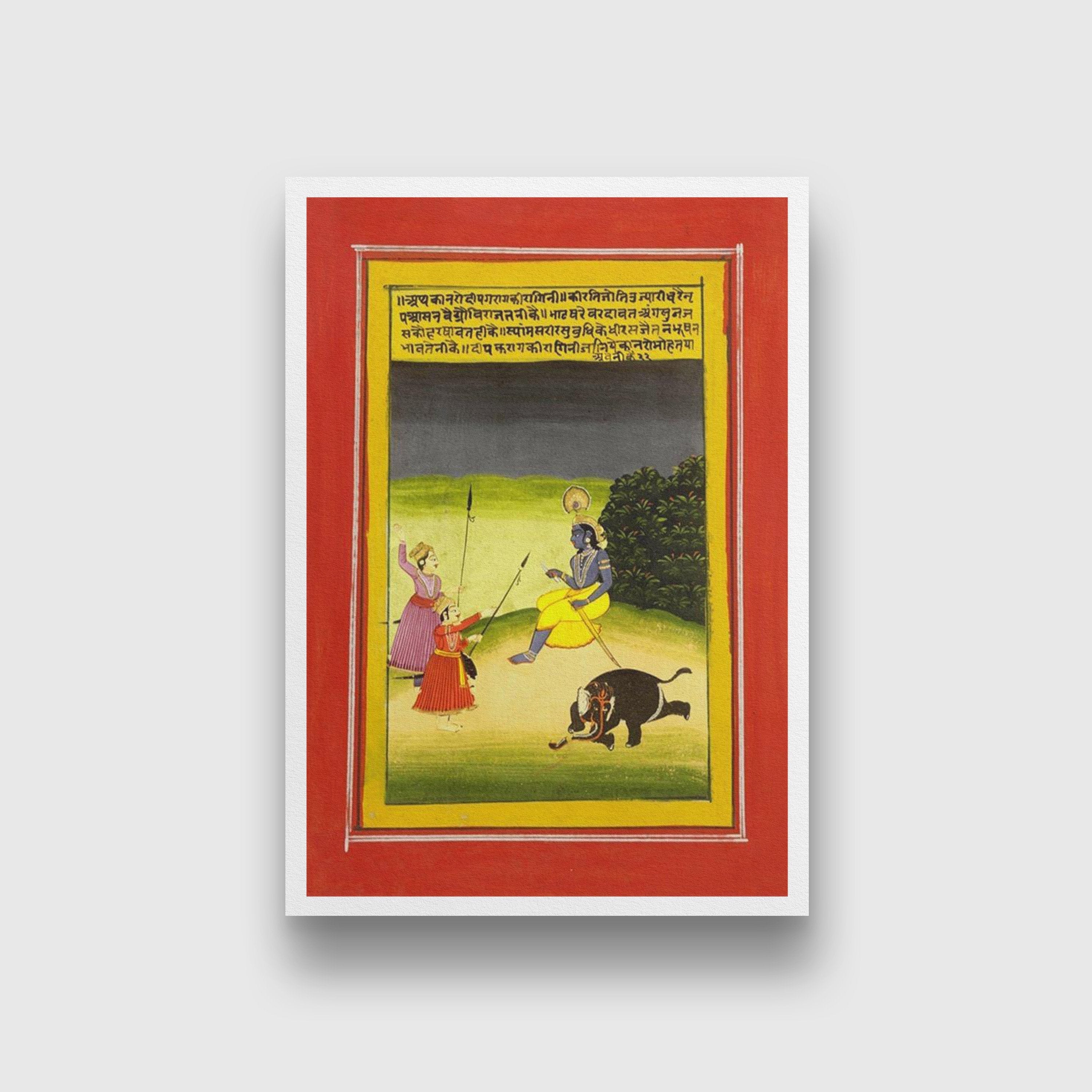 Vishnu Killing The Elephant Painting - Meri Deewar 2 : 3 Vertical Premium Wall Art Canvas by MeriDeewar