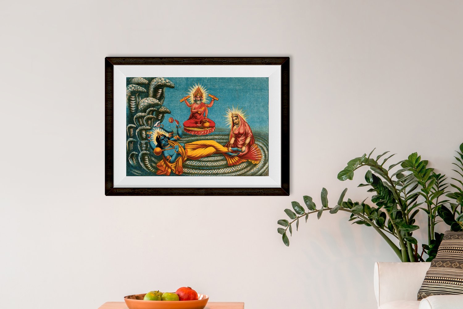 Vishnu-lying-on-a-serpent,-with-Lakshmi Painting - Meri Deewar 3 : 4 Vertical Premium Wall Art Canvas by MeriDeewar