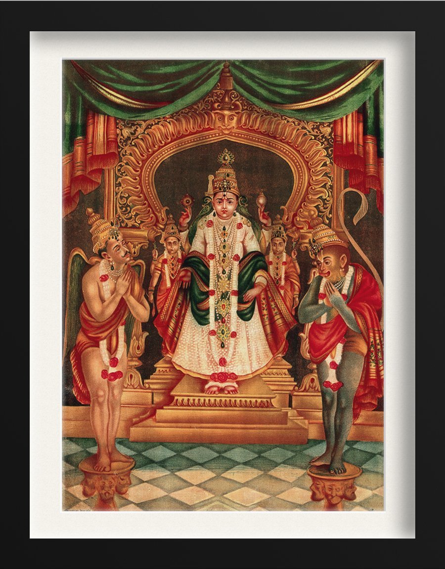 Vishnu-portrayed-as-in-a-Maharastra-temple-with-Hanuman-and-Garuda-before-him Painting - Meri Deewar 4 X 5.5 Vertical Premium Wall Art Canvas by MeriDeewar