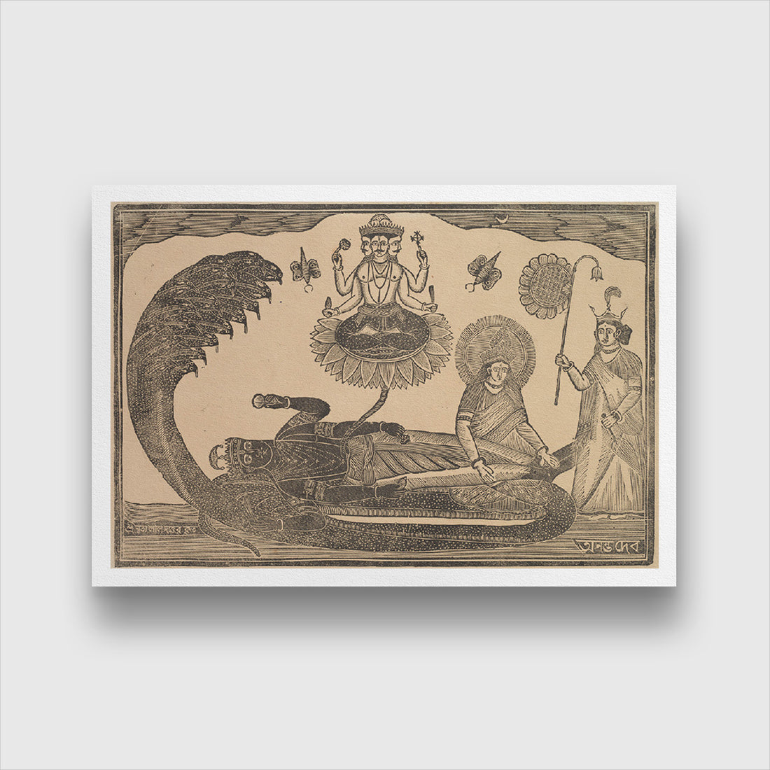Vishnu reclining on the ocean with Brahma springing from a lotus Painting 3 : 2 Horizontal Premium Wall Art Canvas by MeriDeewar