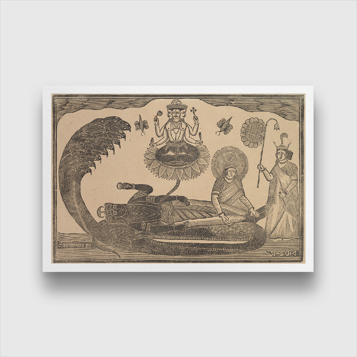 Vishnu reclining on the ocean with Brahma springing from a lotus Painting 3 : 2 Horizontal Premium Wall Art Canvas by MeriDeewar
