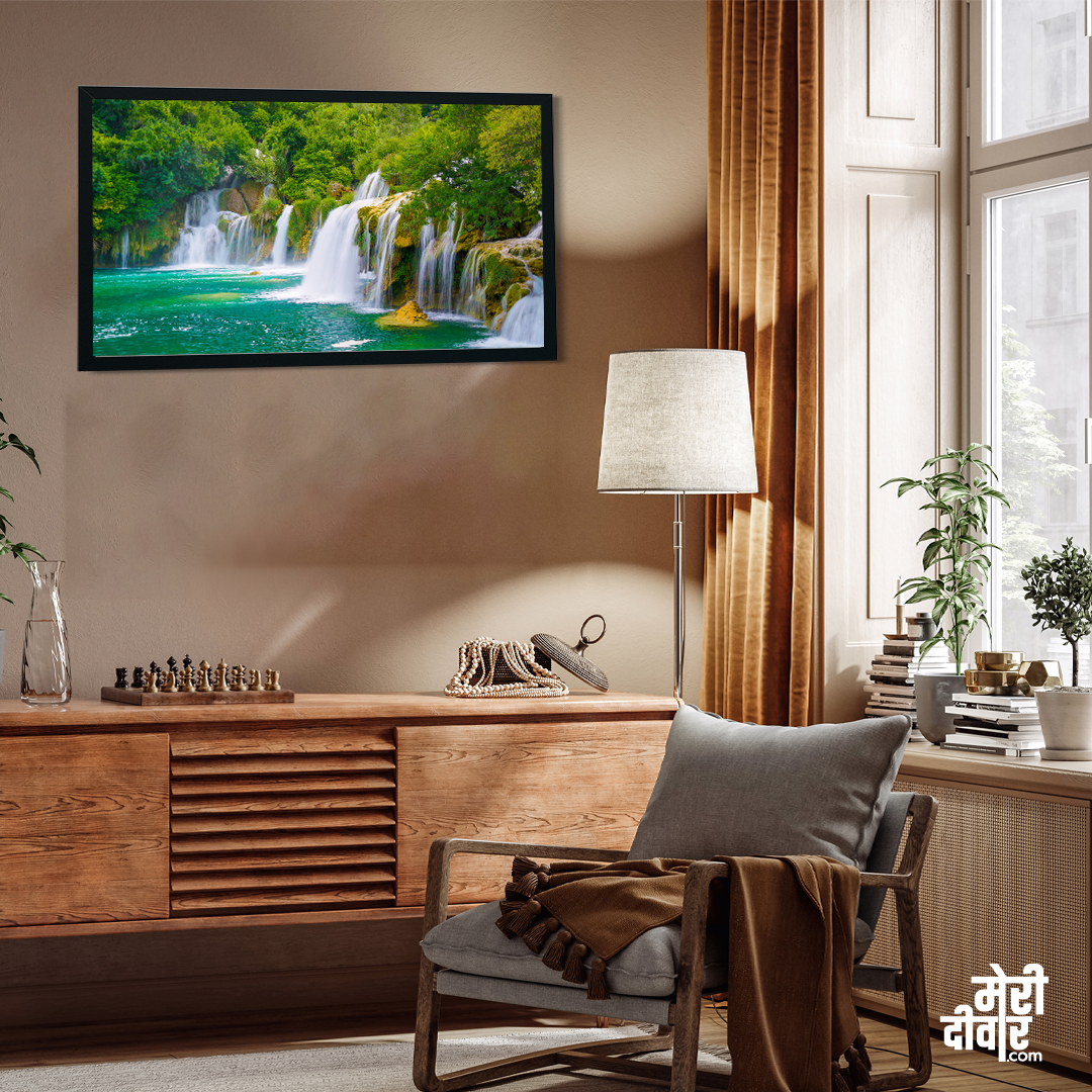 Waterfall Jungle Nature Scenery Wall Painting 4 : 3 Horizontal Premium Wall Art Canvas by MeriDeewar