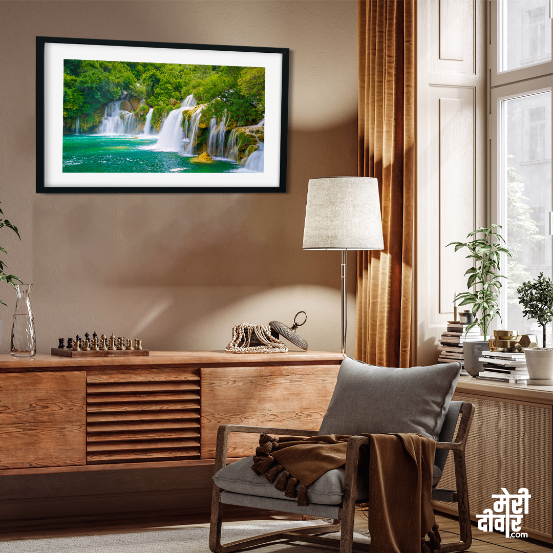 Waterfall Jungle Nature Scenery Wall Painting 4 : 3 Horizontal Premium Wall Art Canvas by MeriDeewar