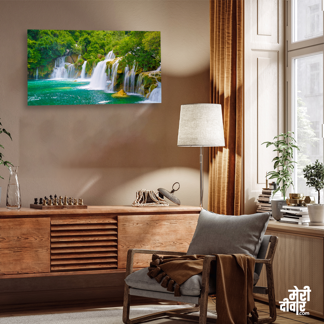 Waterfall Jungle Nature Scenery Wall Painting 4 : 3 Horizontal Premium Wall Art Canvas by MeriDeewar