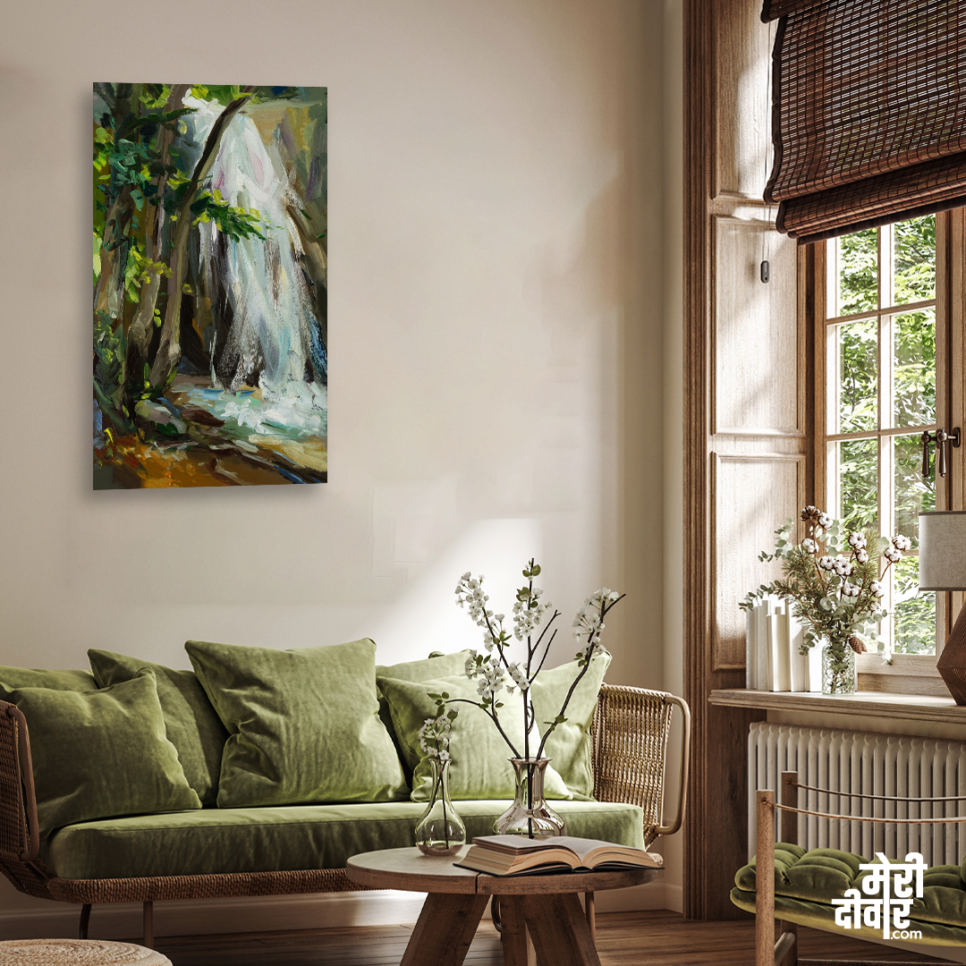 Waterfall Oil Painting 2 : 3 Vertical Premium Wall Art Canvas by MeriDeewar