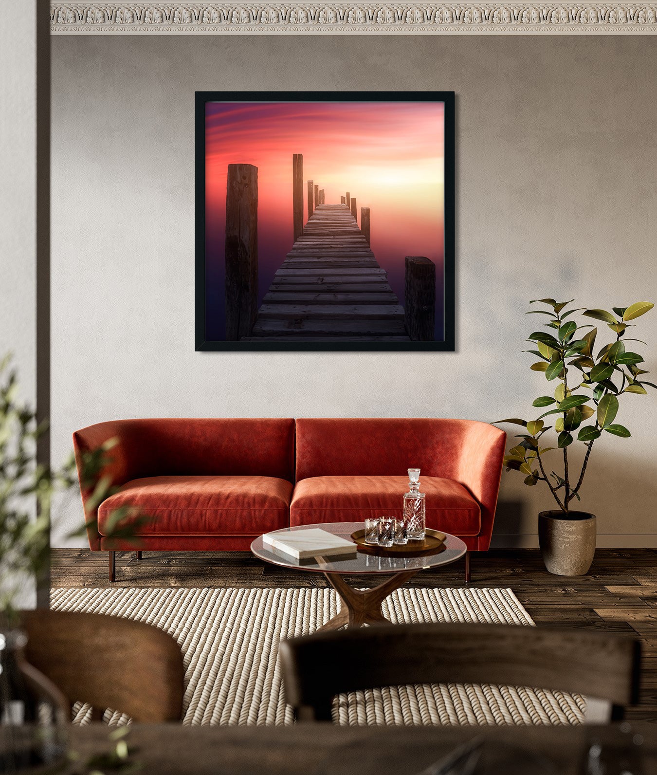 Weirs Beach Sunrise Painting 1 : 1 Square Premium Wall Art Canvas by MeriDeewar