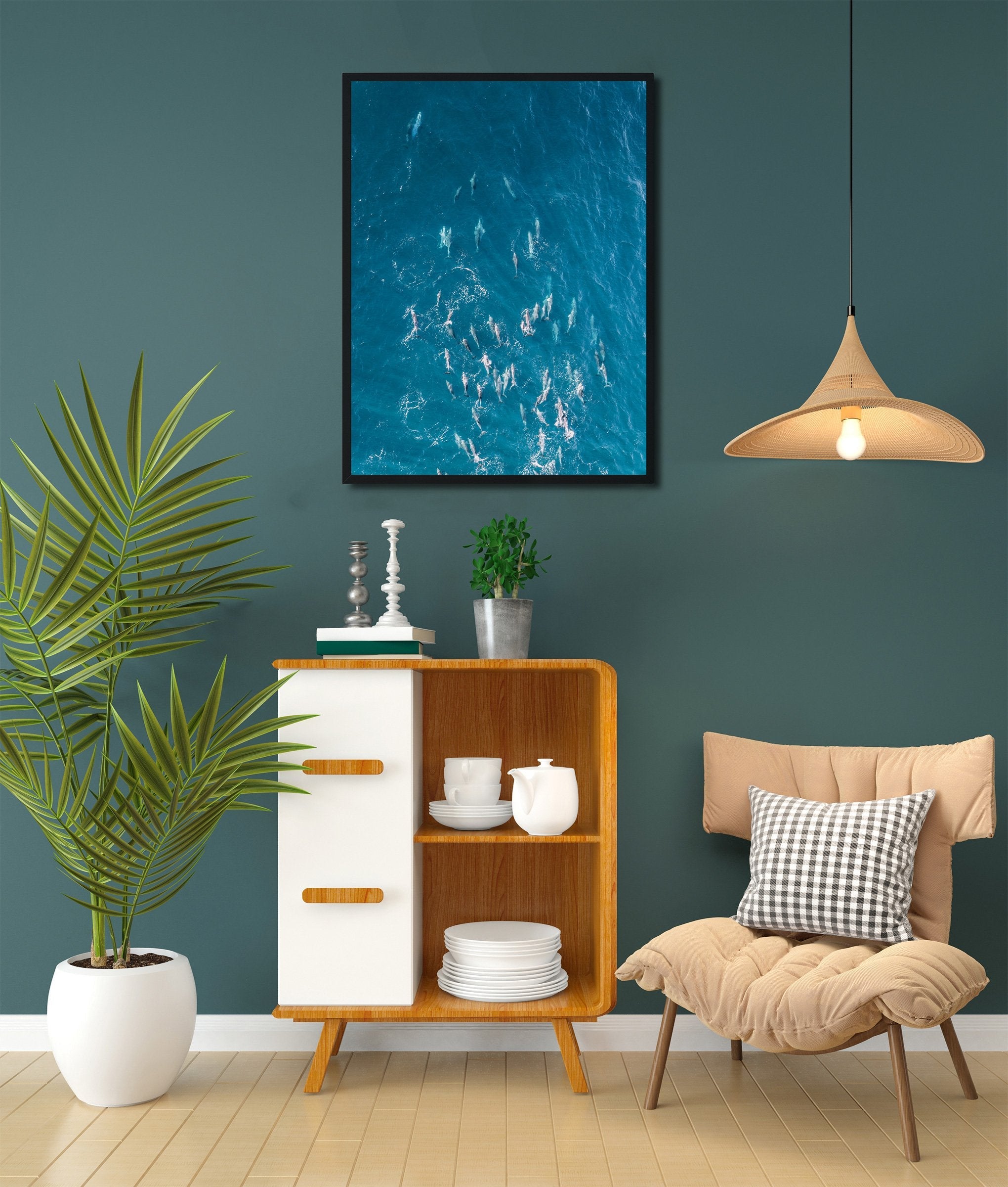 Whales swimming with surfers in the green ocean with big waves Painting - Meri Deewar 3 : 4 Vertical Premium Wall Art Canvas by MeriDeewar