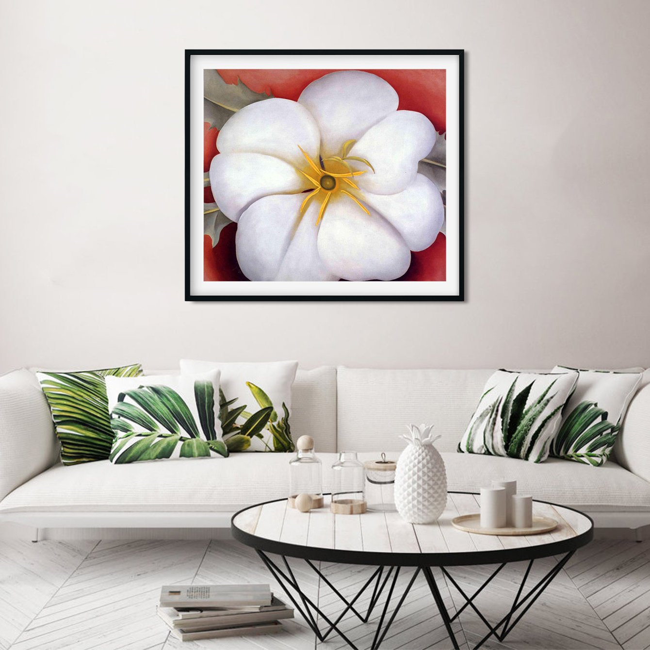 White Flower on Red Earth Painting - Meri Deewar 1 : 1 Square Premium Wall Art Canvas by MeriDeewar