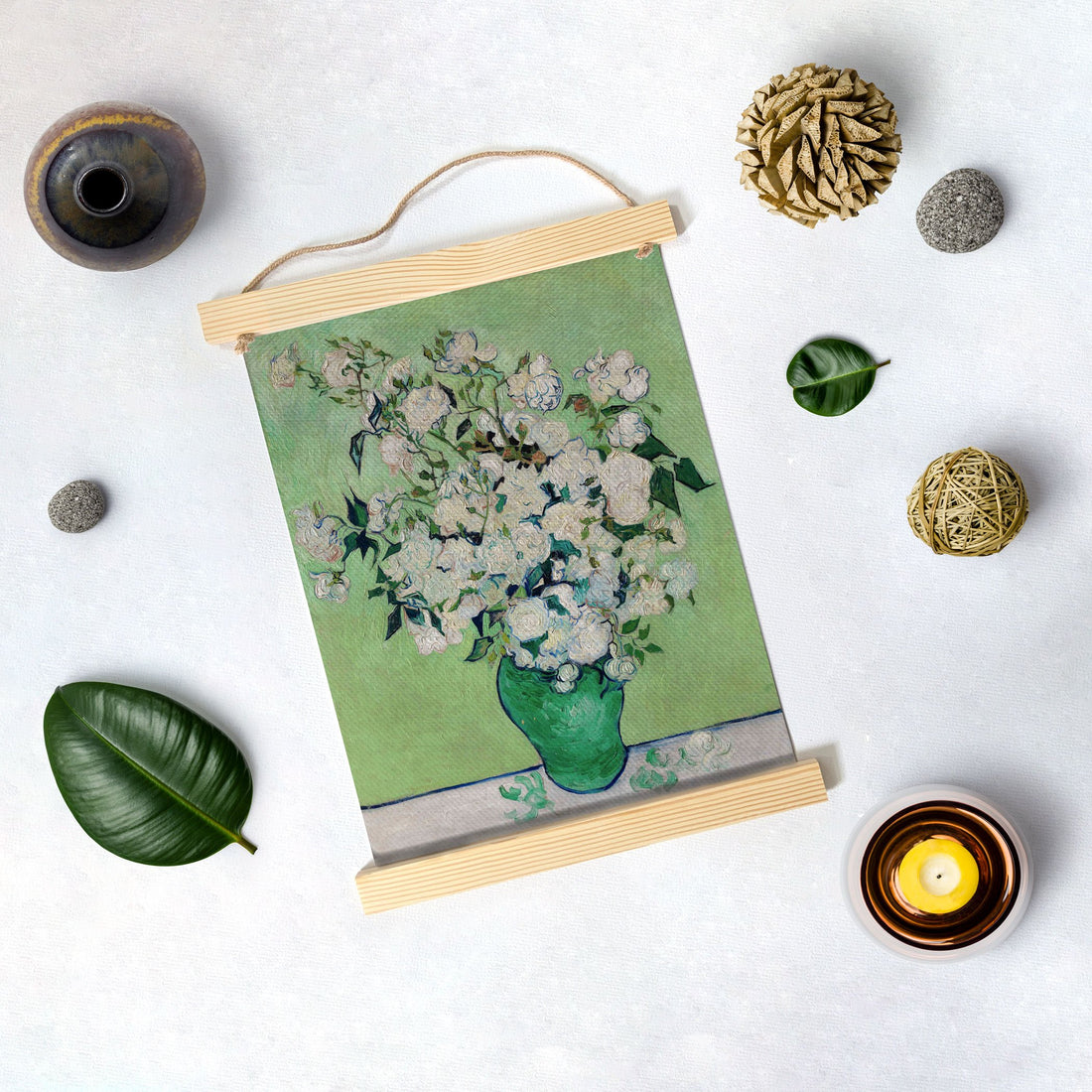 White Roses By Van Gogh Hanging Canvas Painting - Meri Deewar Hanging Canvas Premium Wall Art Canvas by MeriDeewar