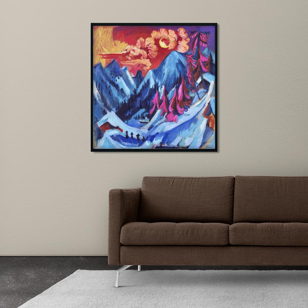 Winter Landscape in Moonlight Painting - MeriDeewar 1 : 1 Square Premium Wall Art Canvas by MeriDeewar