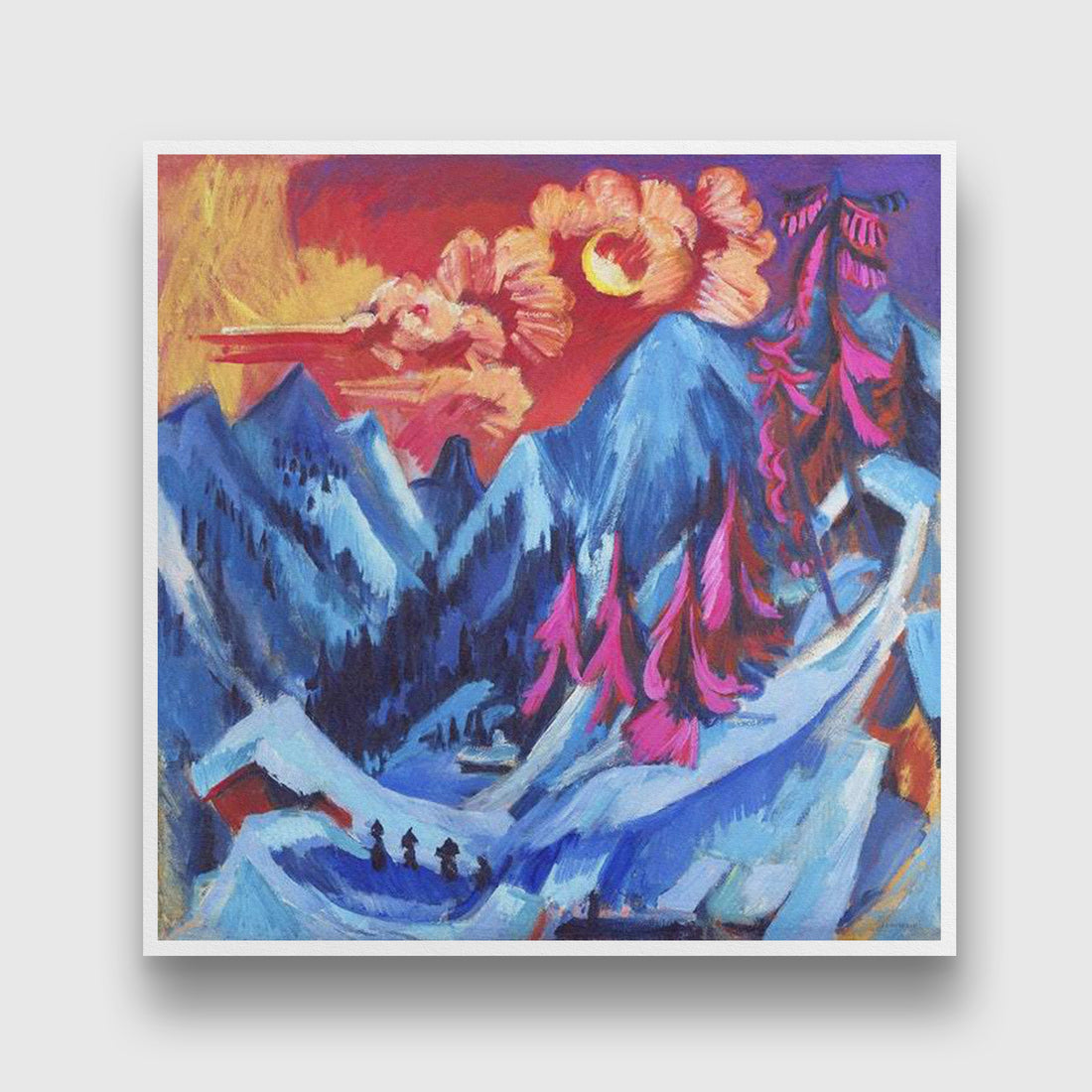Winter Landscape in Moonlight Painting - MeriDeewar 1 : 1 Square Premium Wall Art Canvas by MeriDeewar