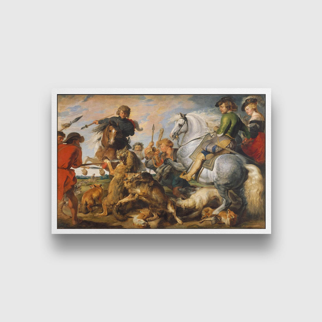 Wolf and Fox Hunt Painting - Meri Deewar 3 : 2 Horizontal Premium Wall Art Canvas by MeriDeewar