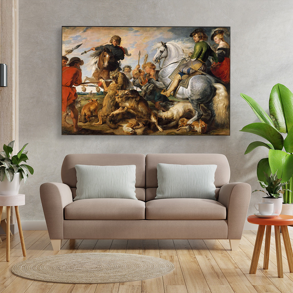 Wolf and Fox Hunt Painting - Meri Deewar 3 : 2 Horizontal Premium Wall Art Canvas by MeriDeewar