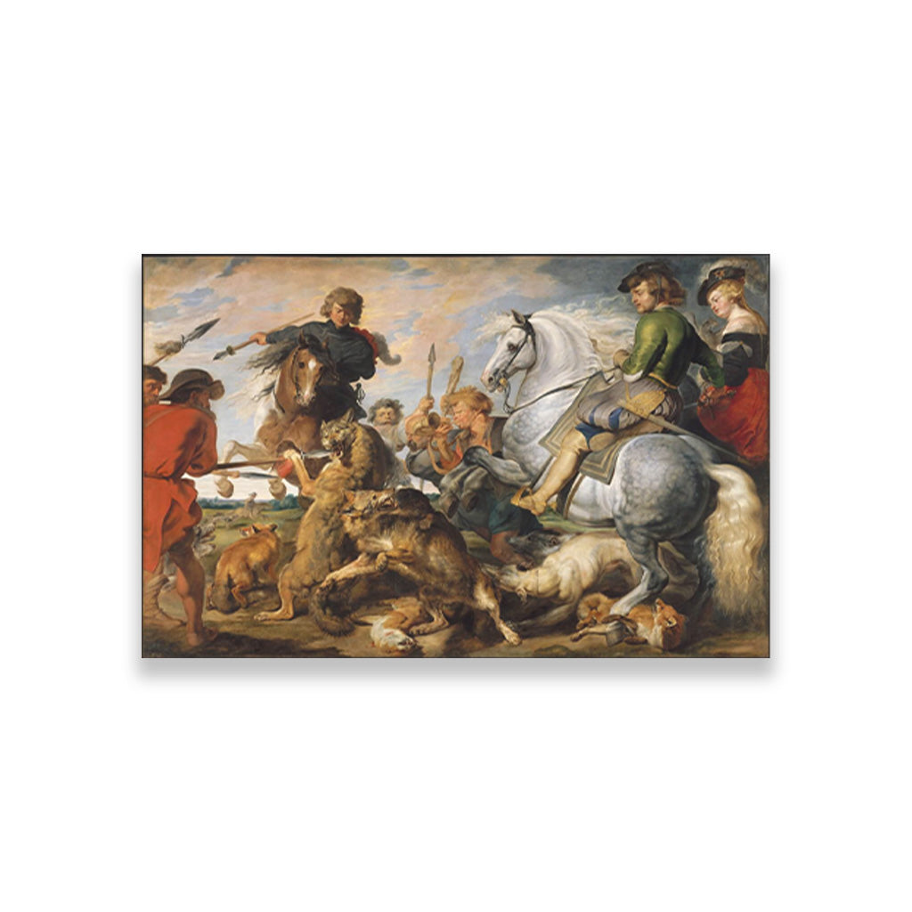 Wolf and Fox Hunt Painting - Meri Deewar 3 : 2 Horizontal Premium Wall Art Canvas by MeriDeewar