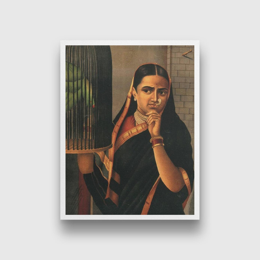 Woman looking at a caged parrot Painting - Meri Deewar 3 : 4 Vertical Premium Wall Art Canvas by MeriDeewar
