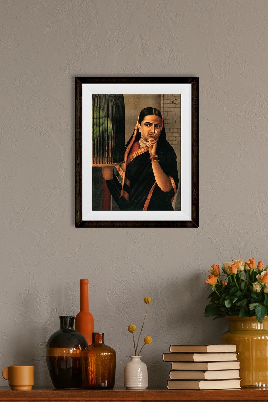 Woman looking at a caged parrot Painting - Meri Deewar 3 : 4 Vertical Premium Wall Art Canvas by MeriDeewar