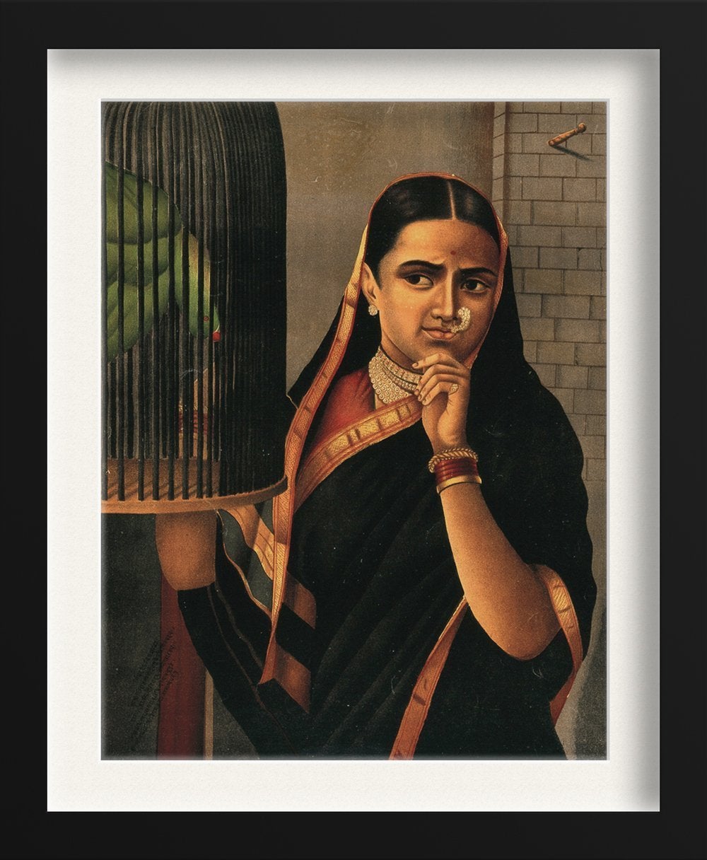 Woman looking at a caged parrot Painting - Meri Deewar 3 : 4 Vertical Premium Wall Art Canvas by MeriDeewar