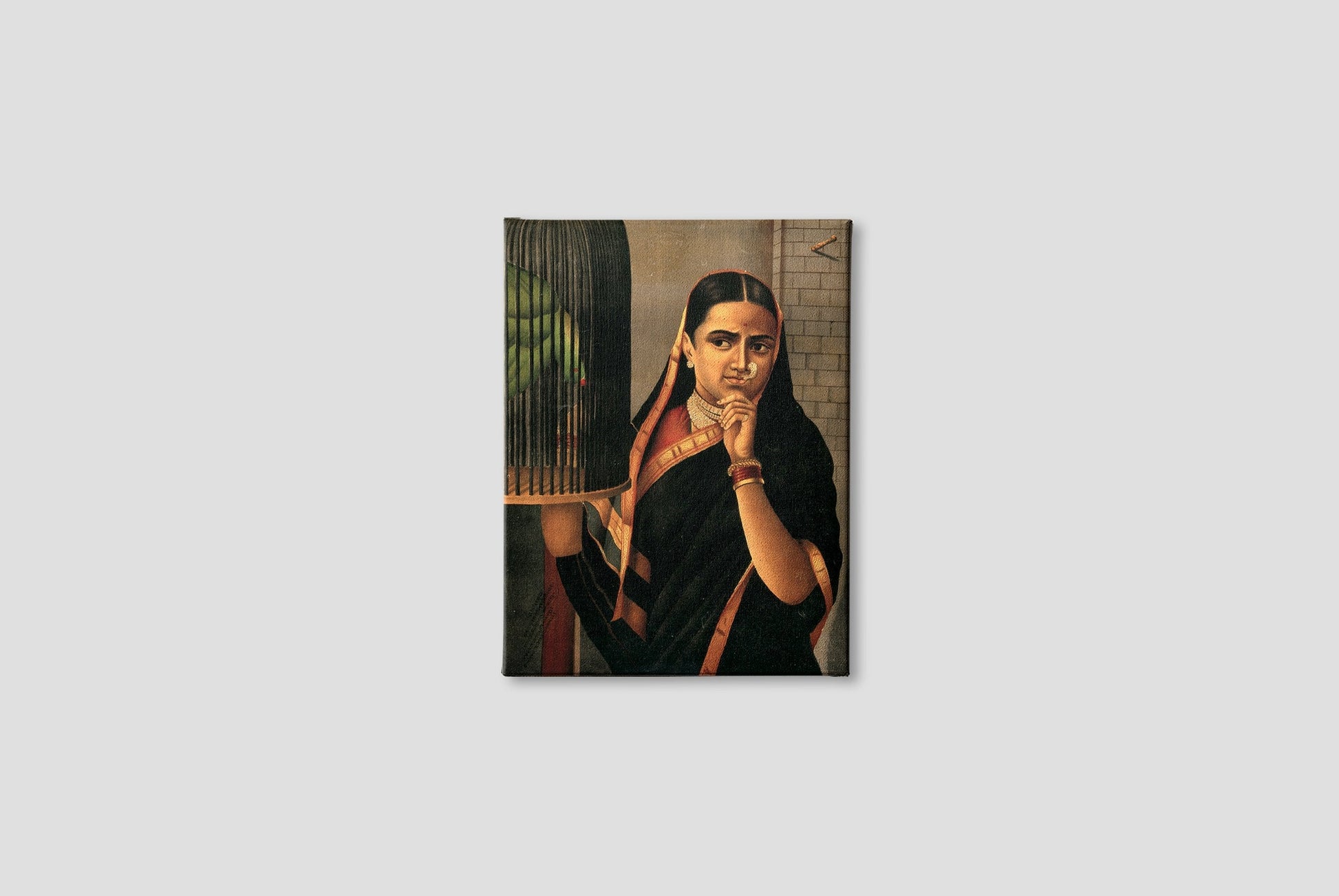 Woman looking at a caged parrot Painting - Meri Deewar 3 : 4 Vertical Premium Wall Art Canvas by MeriDeewar