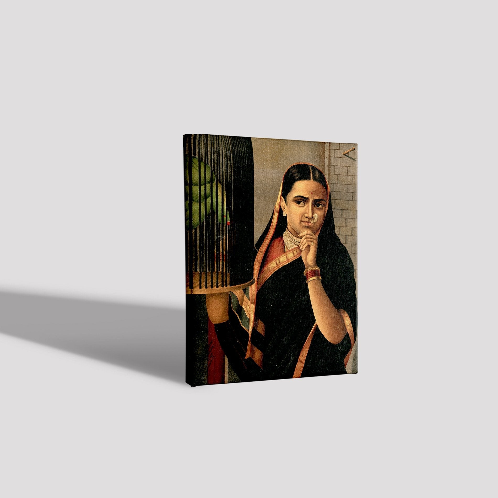 Woman looking at a caged parrot Painting - Meri Deewar 3 : 4 Vertical Premium Wall Art Canvas by MeriDeewar