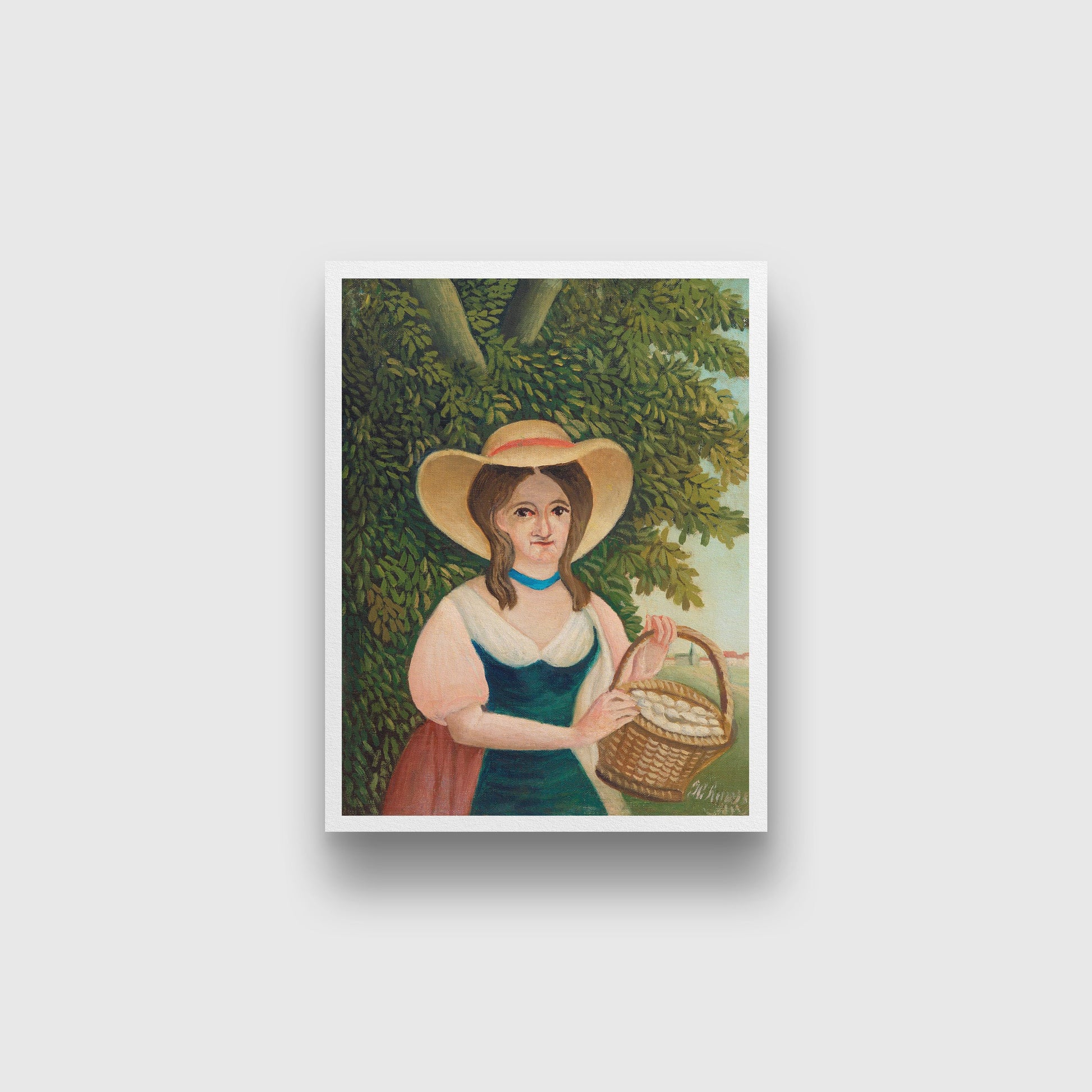 Woman with Basket of Eggs painting - Meri Deewar 3 : 4 Vertical Premium Wall Art Canvas by MeriDeewar
