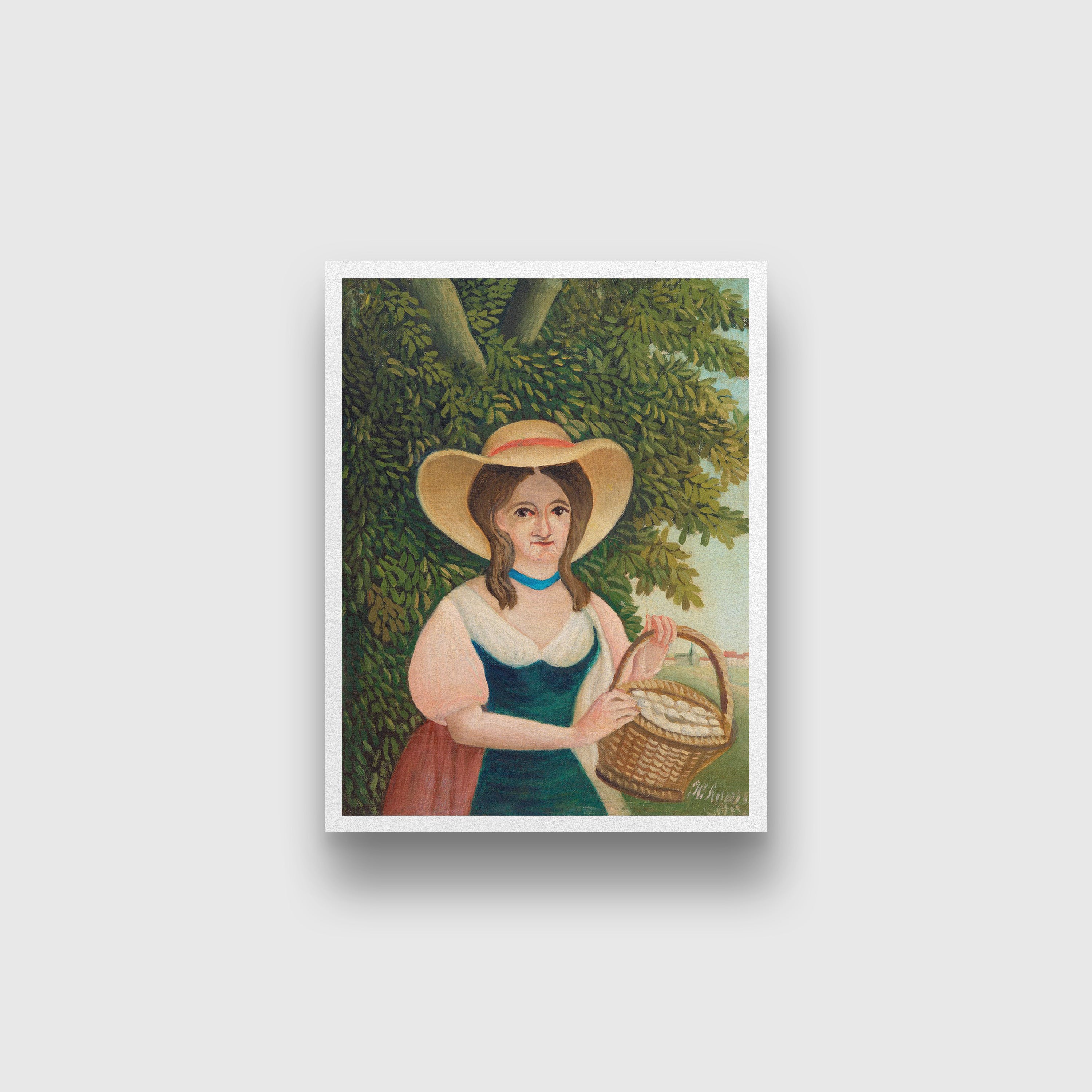 Woman with Basket of Eggs painting - Meri Deewar 3 : 4 Vertical Premium Wall Art Canvas by MeriDeewar
