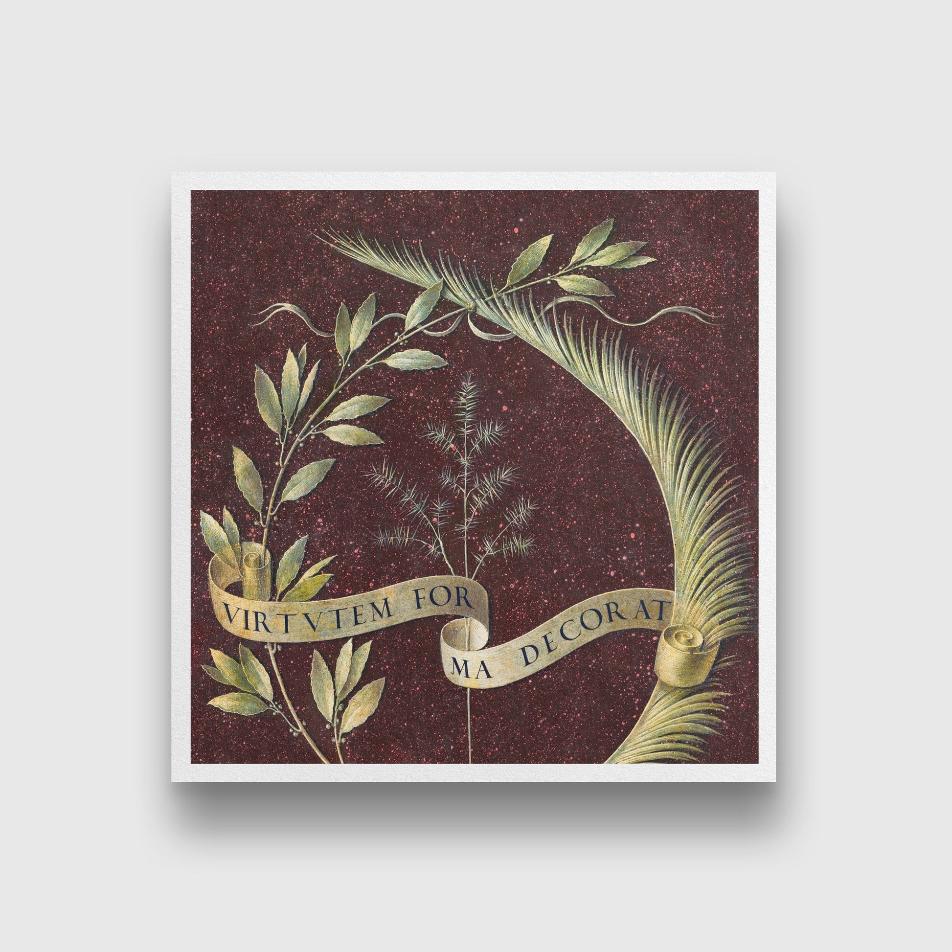 Wreath of Laurel, Palm, and Juniper with a Scroll inscribed Virtutem Forma Decorat Painting - Meri Deewar 1 : 1 Square Premium Wall Art Canvas by MeriDeewar