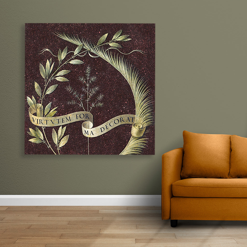 Wreath of Laurel, Palm, and Juniper with a Scroll inscribed Virtutem Forma Decorat Painting - Meri Deewar 1 : 1 Square Premium Wall Art Canvas by MeriDeewar