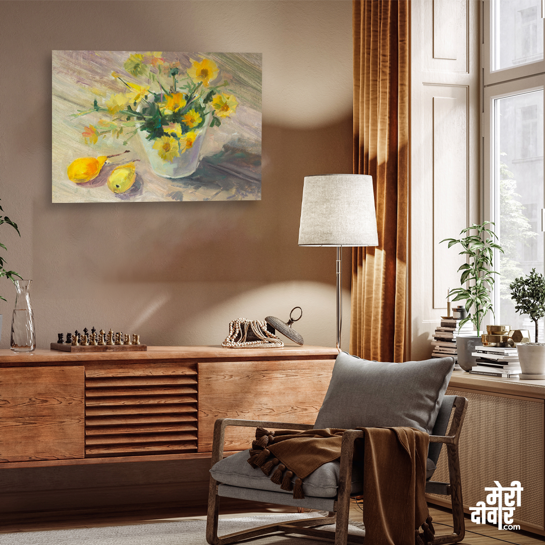 Yellow Chrysanthemums Painting 3 : 2 Horizontal Premium Wall Art Canvas by MeriDeewar